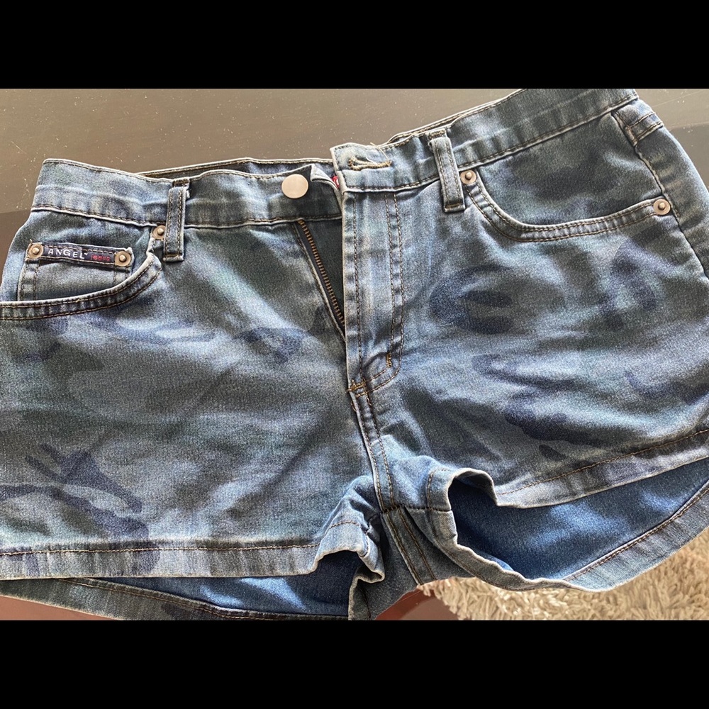 Blue camo denim shorts